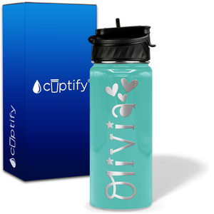 Personalized Hearts with Name and Icon on 18oz Wide Mouth Kids Water Bottle