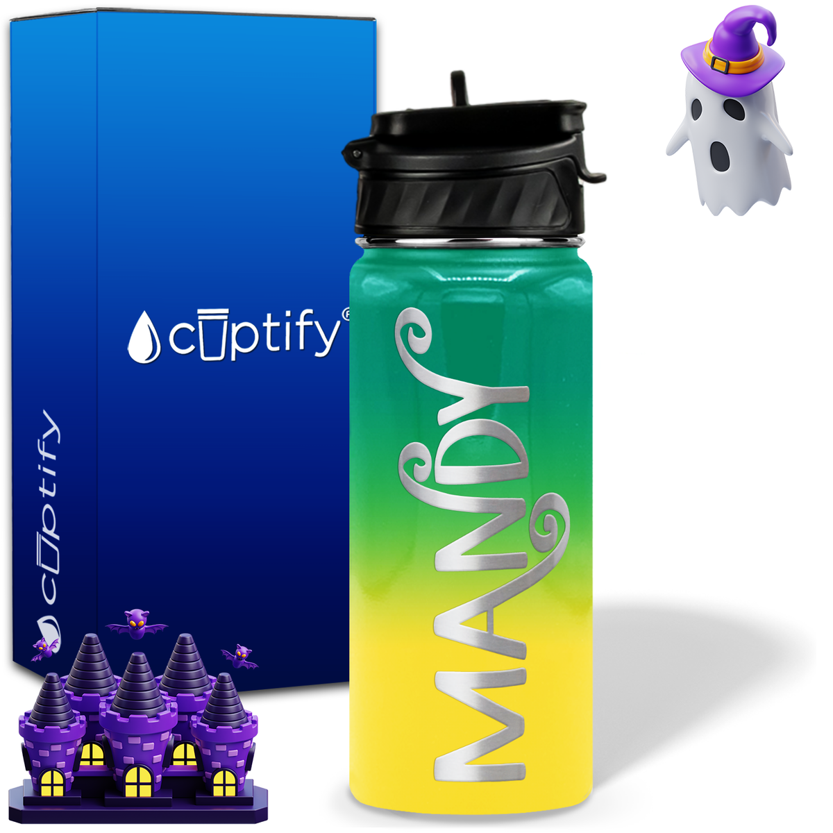 Curly Spooky Halloween on 18oz Personalized Water Bottle