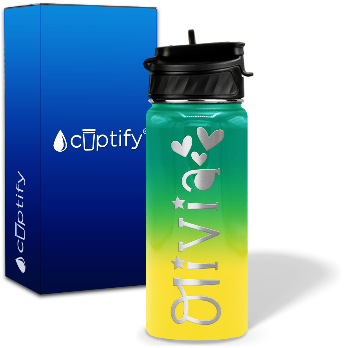 Personalized Hearts with Name and Icon on 18oz Wide Mouth Kids Water Bottle