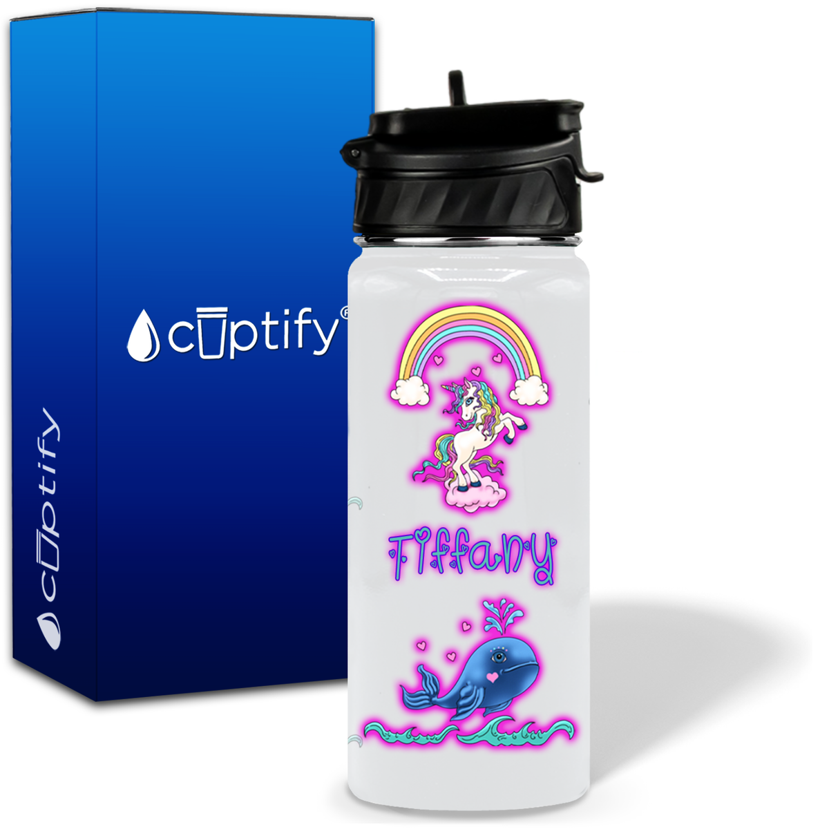 Unicorn Narwhal Love 18oz Personalized Kids Water Bottle
