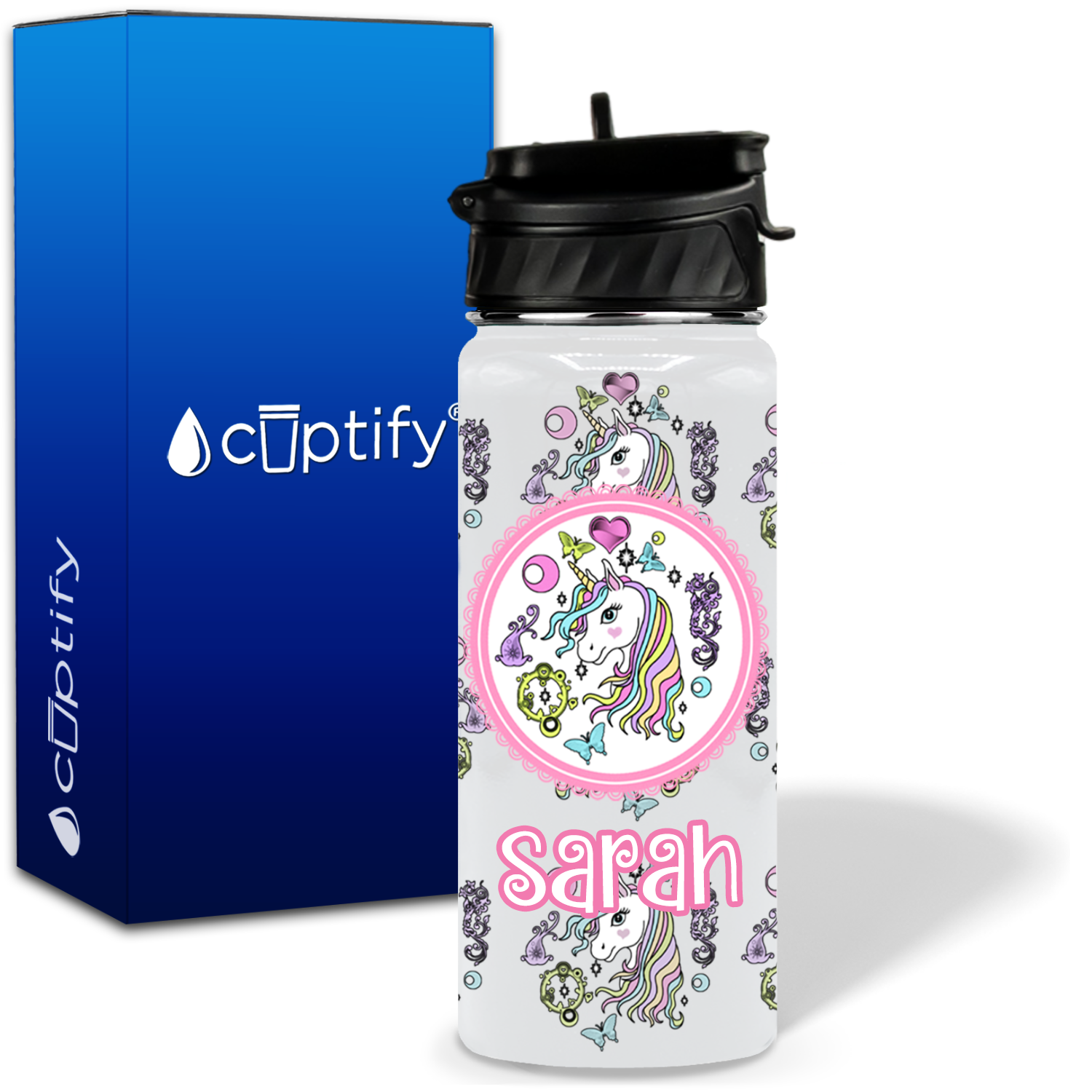 Pretty Unicorn 18oz Personalized Kids Water Bottle