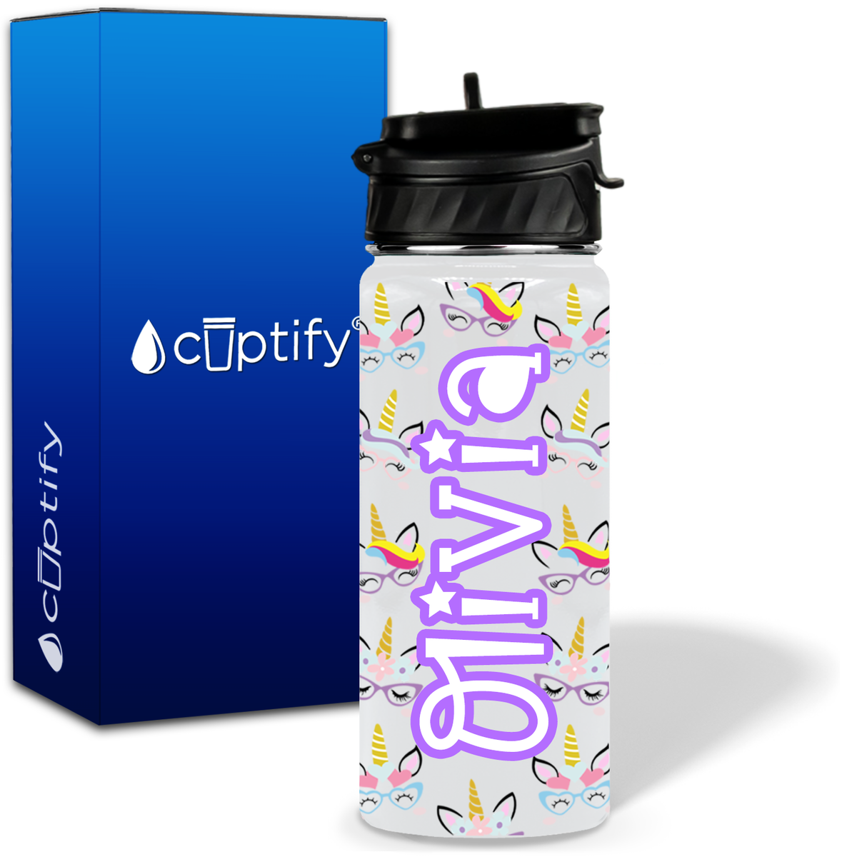Unicorn Glasses 18oz Personalized Kids Water Bottle