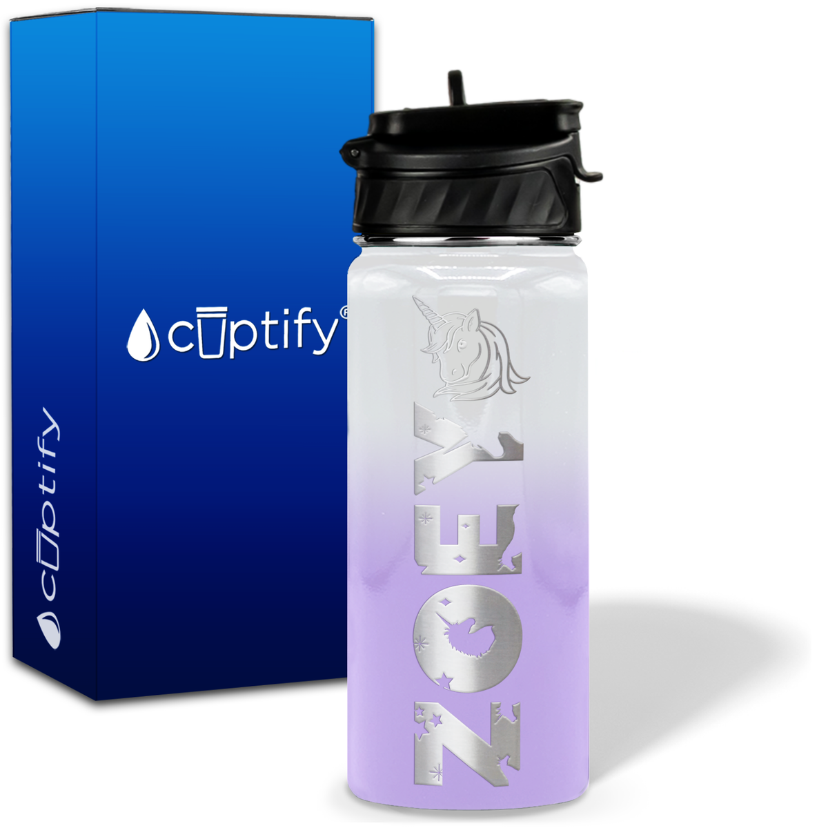 Personalized Unicorn with Name and Icon on 18oz Wide Mouth Kids Water Bottle