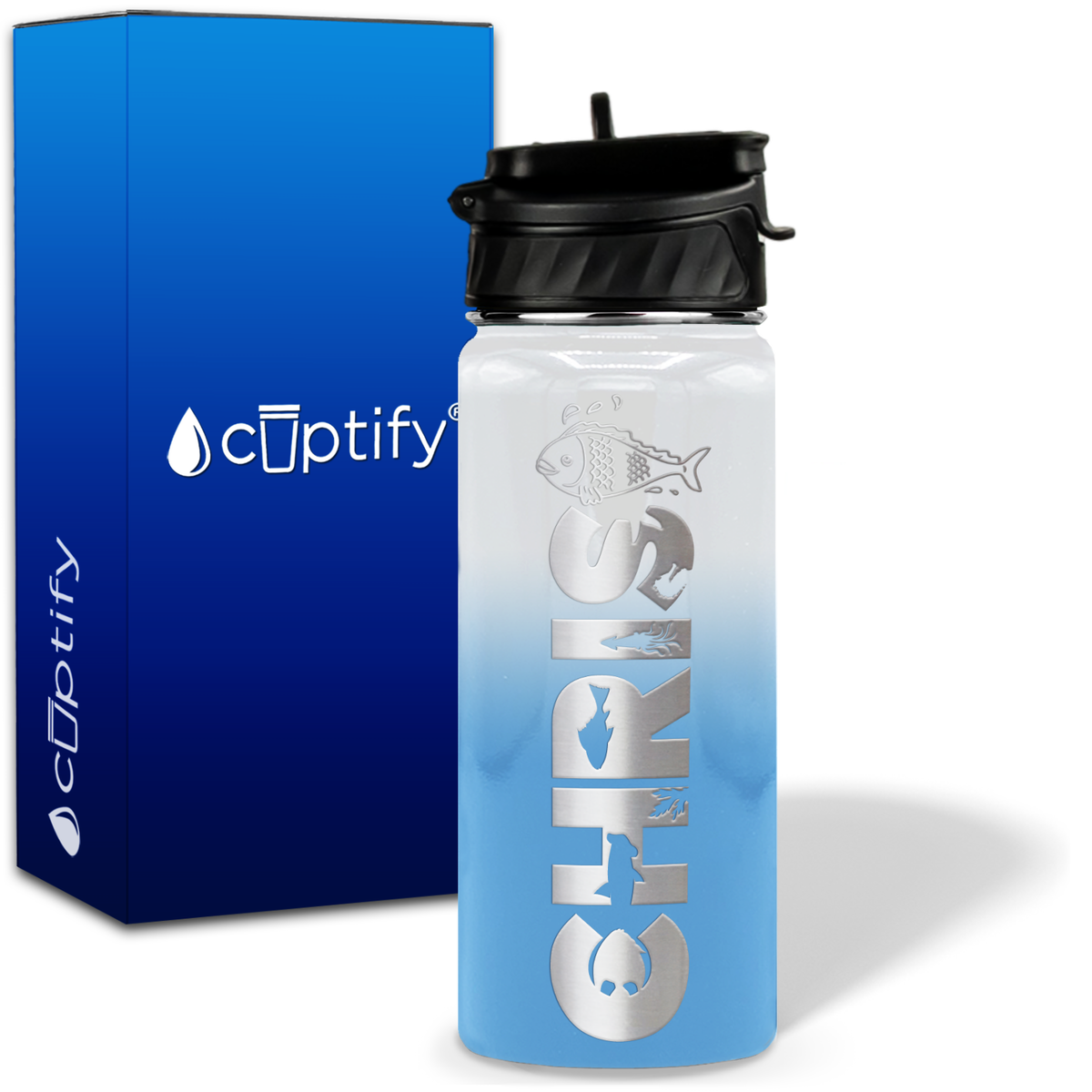 Personalized Fish with Name and Icon on 18oz Wide Mouth Kids Water Bottle