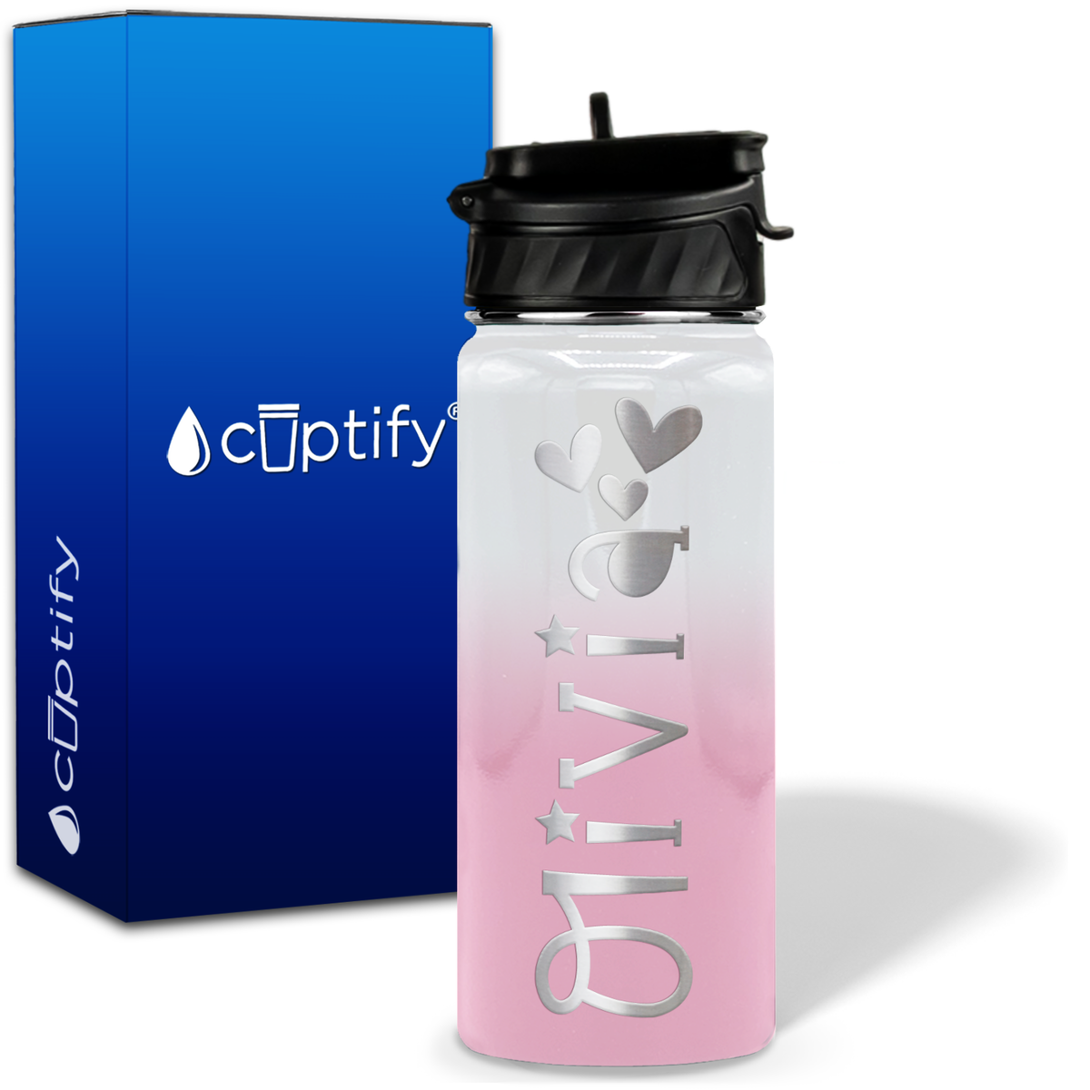 Personalized Hearts with Name and Icon on 18oz Wide Mouth Kids Water Bottle
