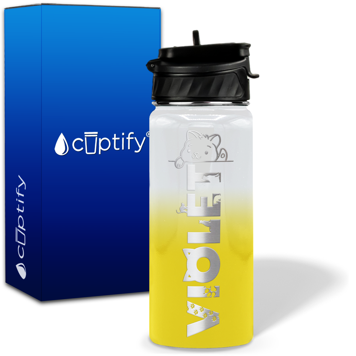 Personalized Cat Waving with Name and Icon on 18oz Wide Mouth Kids Water Bottle