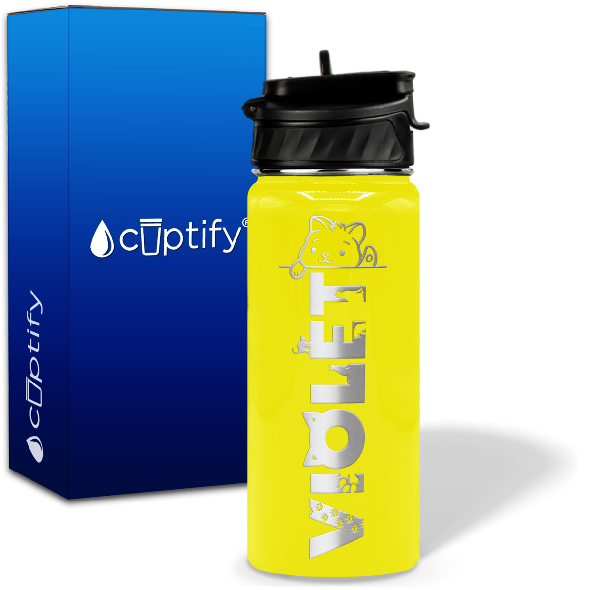 Personalized Cat Waving with Name and Icon on 18oz Wide Mouth Kids Water Bottle