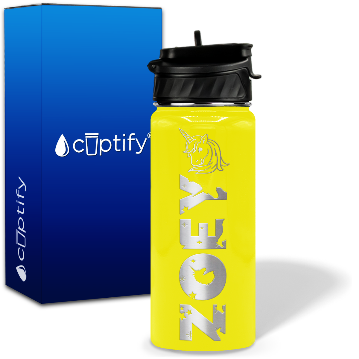 Personalized Unicorn with Name and Icon on 18oz Wide Mouth Kids Water Bottle