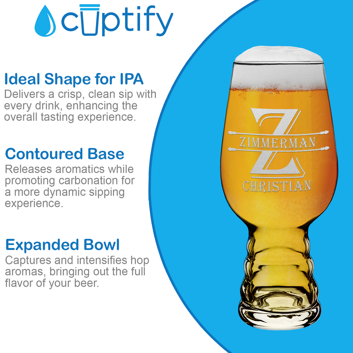 Personalized Initial Block Monogram on 18oz IPA Beer Glass