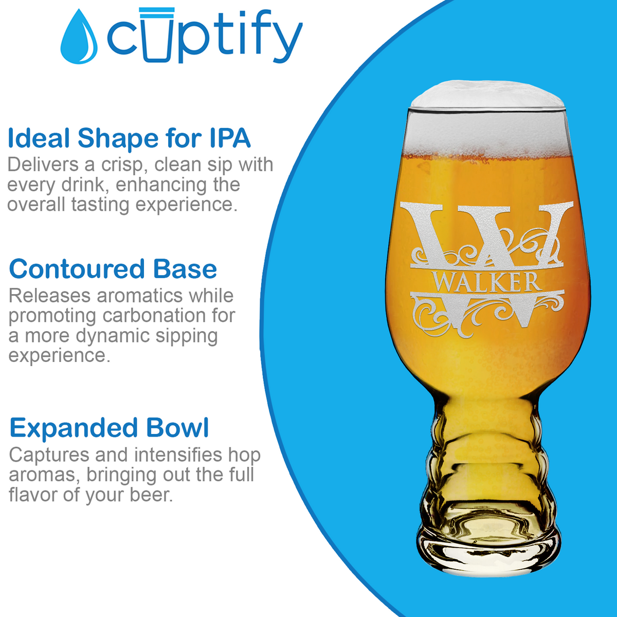 Personalized Elegant Split Monogram on 18oz IPA Beer Glass