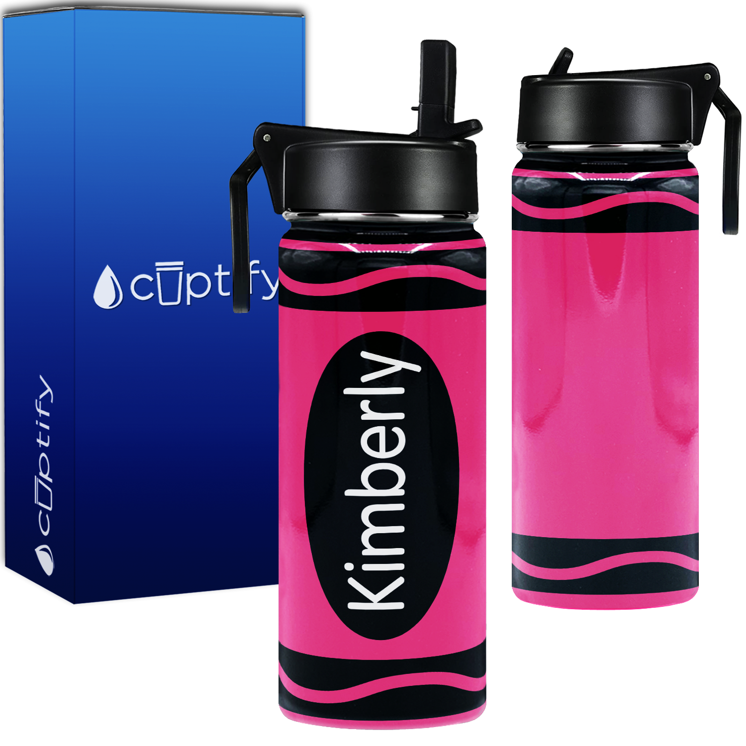 Personalized Hot Pink Crayon with Name 18oz Kids Water Bottle
