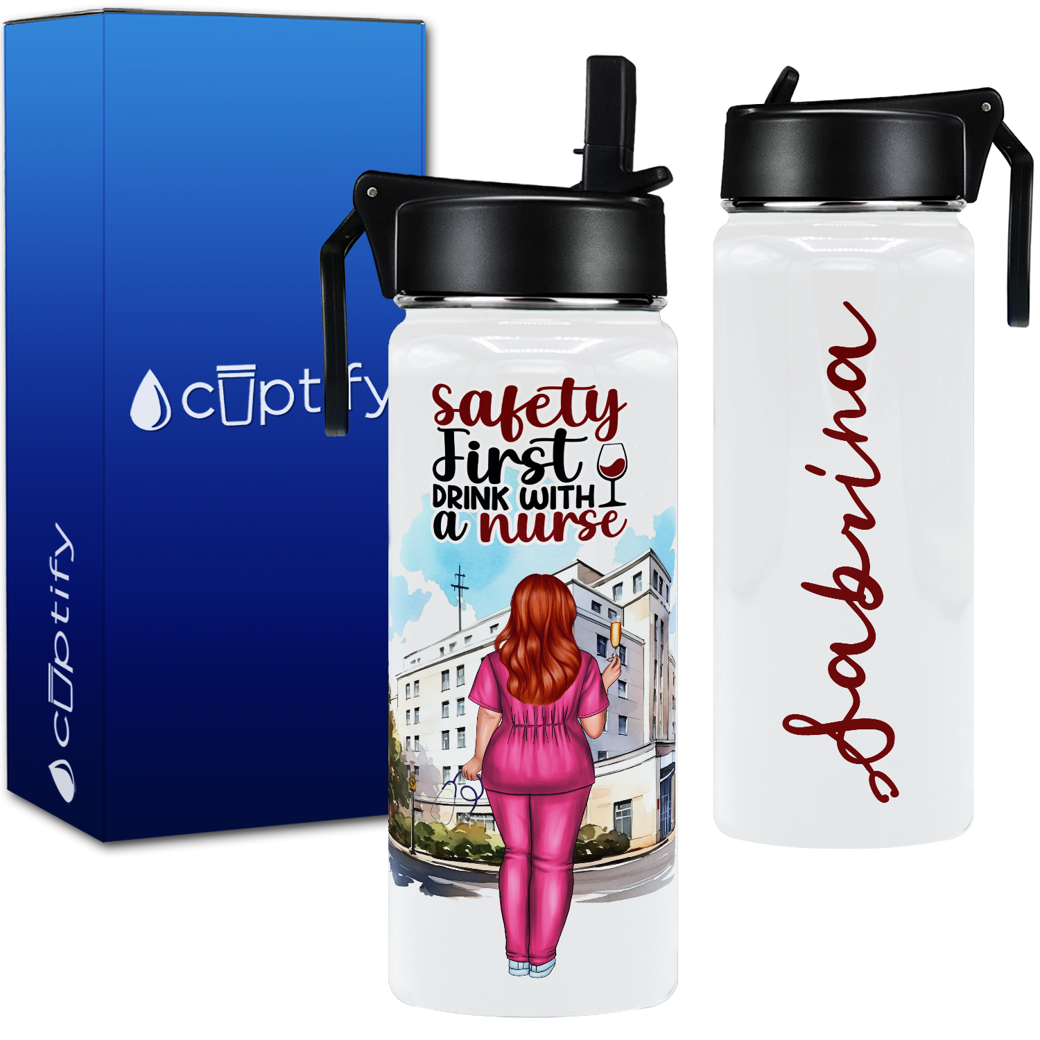 Personalized Safety First, Drink With a Nurse 18oz Water Bottle