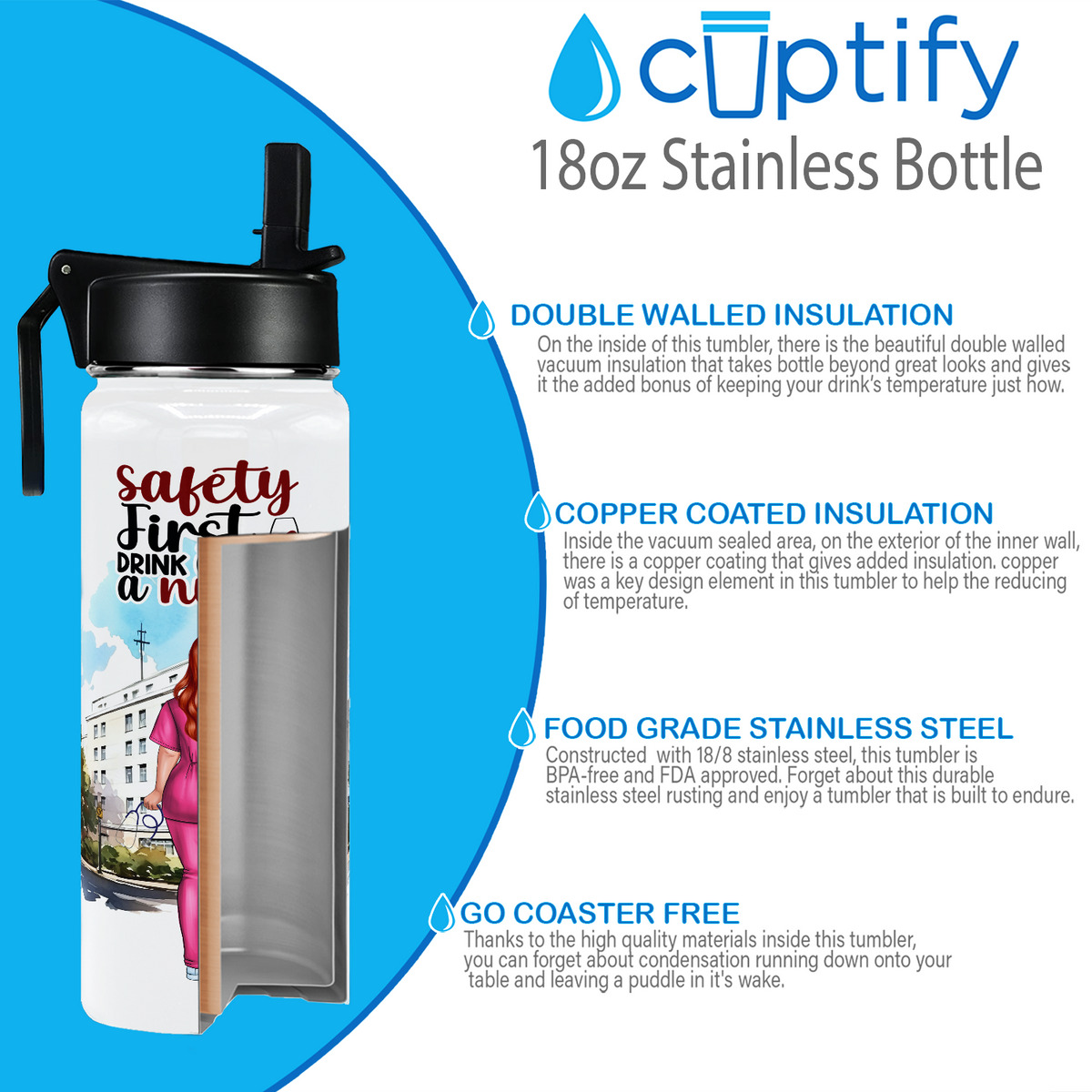 Personalized Safety First, Drink With a Nurse 18oz Water Bottle