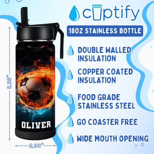 Personalized Soccer Fire and Ice with Name 18oz Kids Water Bottle