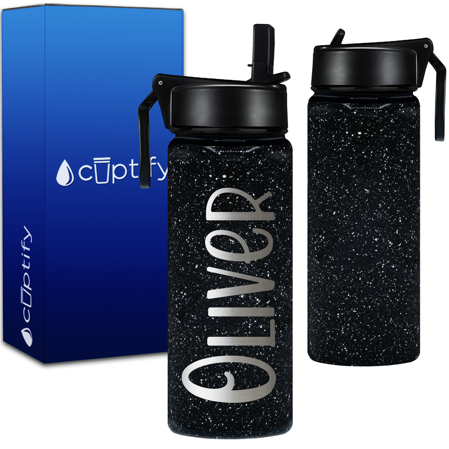 Personalized Name with Icon on Black Glitter 18oz Wide Mouth Kids Water Bottle