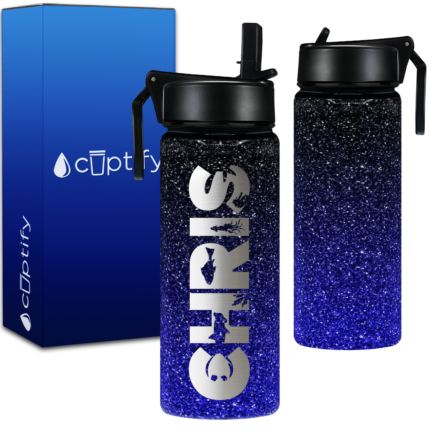 Personalized Name with Icon on Blue Ombre Glitter 18oz Wide Mouth Kids Water Bottle