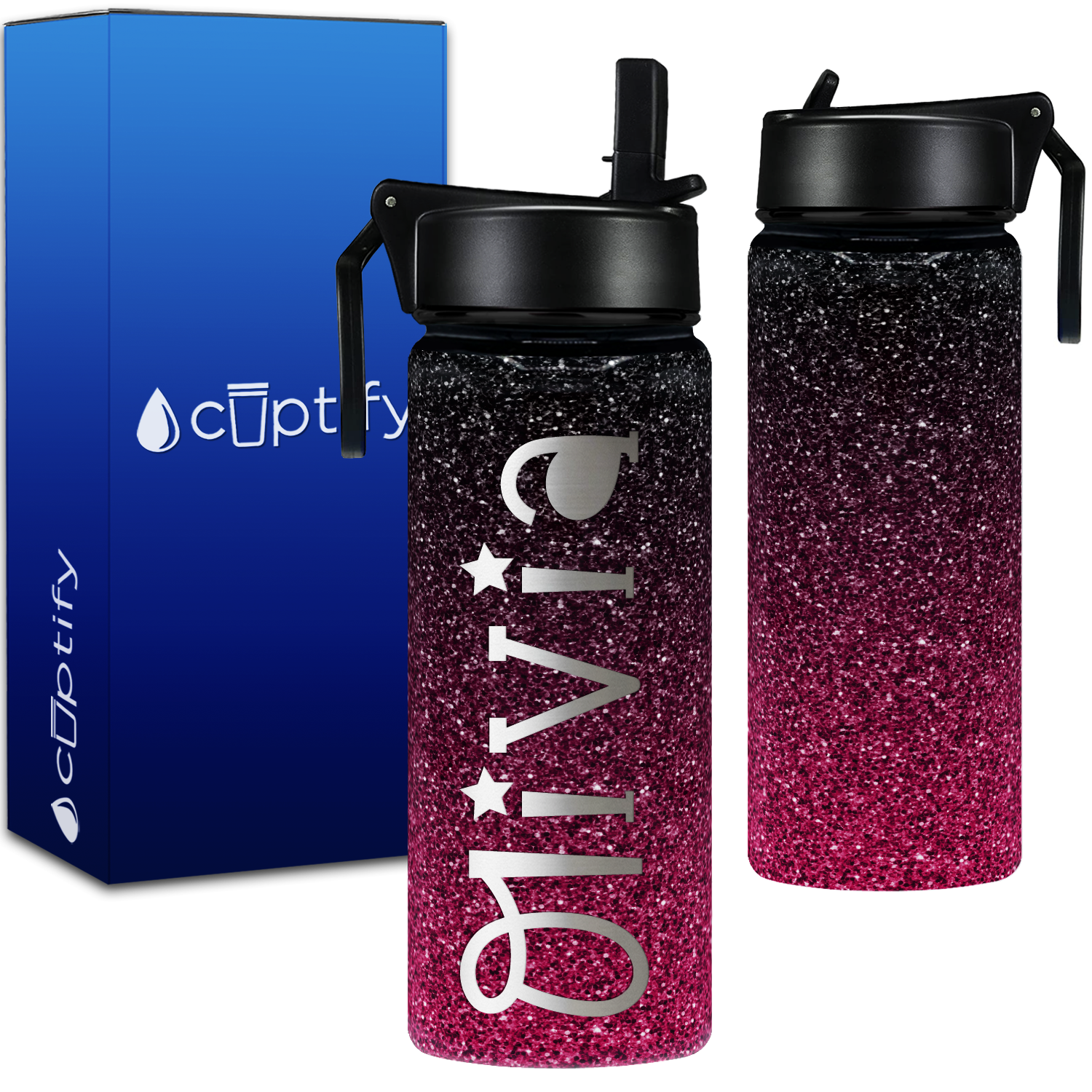 Personalized Name with Icon on Hot Pink Ombre Glitter 18oz Wide Mouth Kids Water Bottle