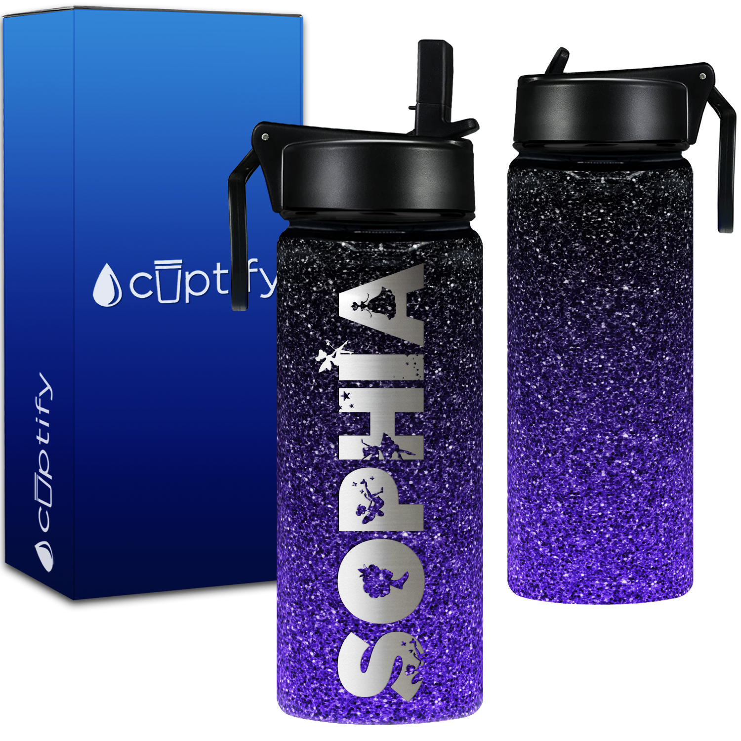 Personalized Name with Icon on Purple Ombre Glitter 18oz Wide Mouth Kids Water Bottle