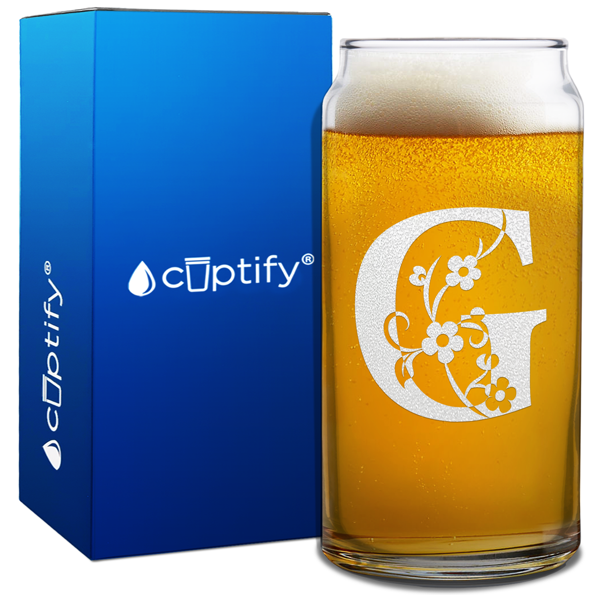 Monogram Floral Initial Letter on 20oz Beer Can Glass