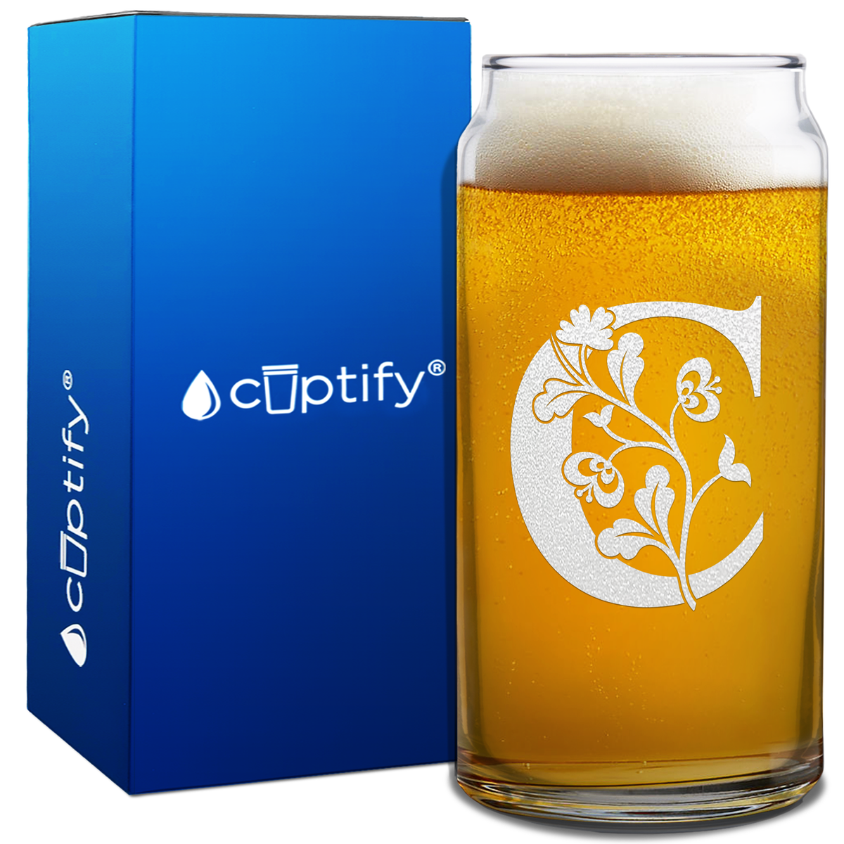 Monogram Blooming Floral Initial Letter on 20oz Beer Can Glass