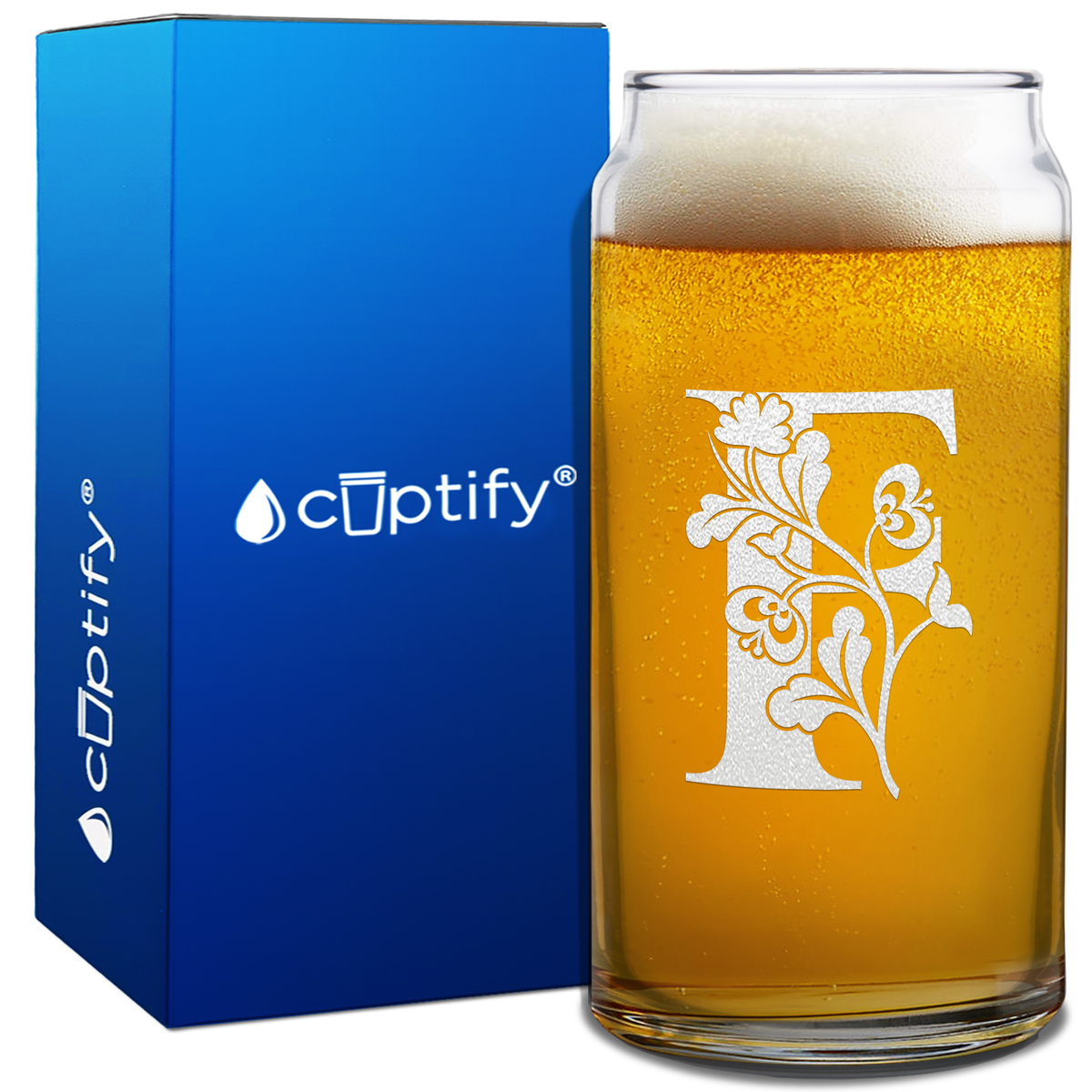 Monogram Blooming Floral Initial Letter on 20oz Beer Can Glass