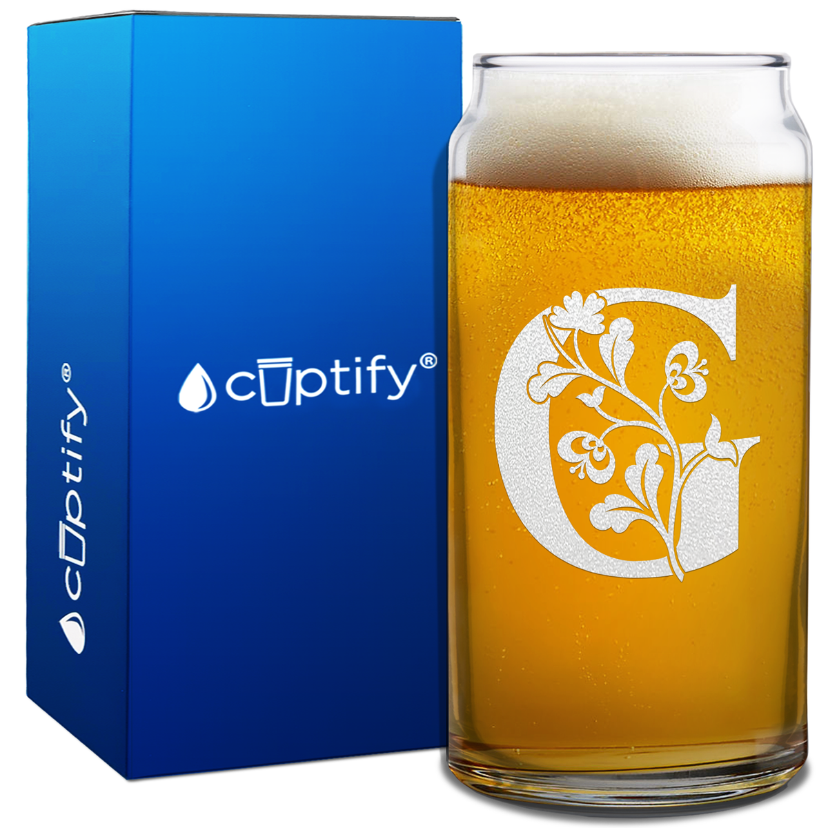 Monogram Blooming Floral Initial Letter on 20oz Beer Can Glass