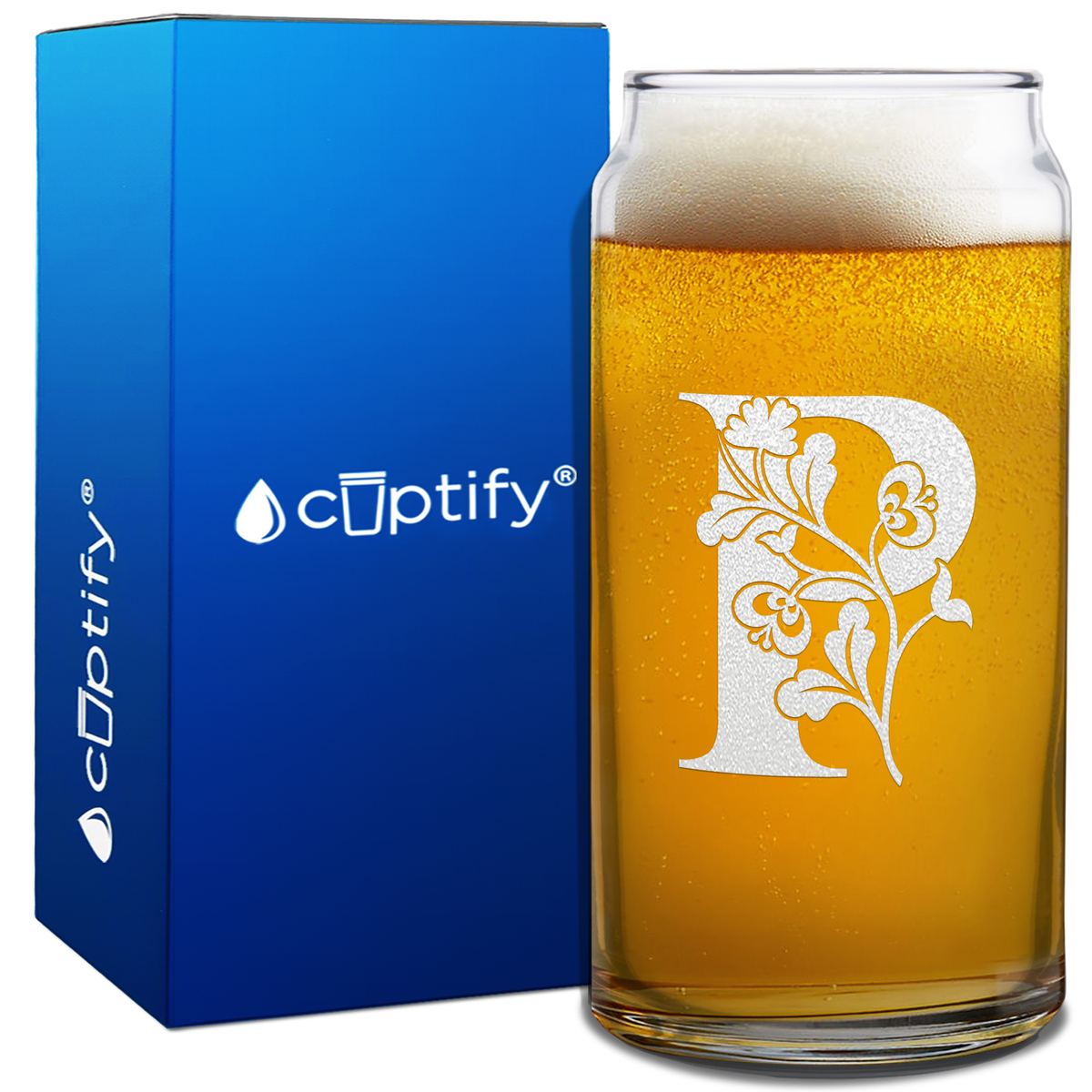 Monogram Blooming Floral Initial Letter on 20oz Beer Can Glass