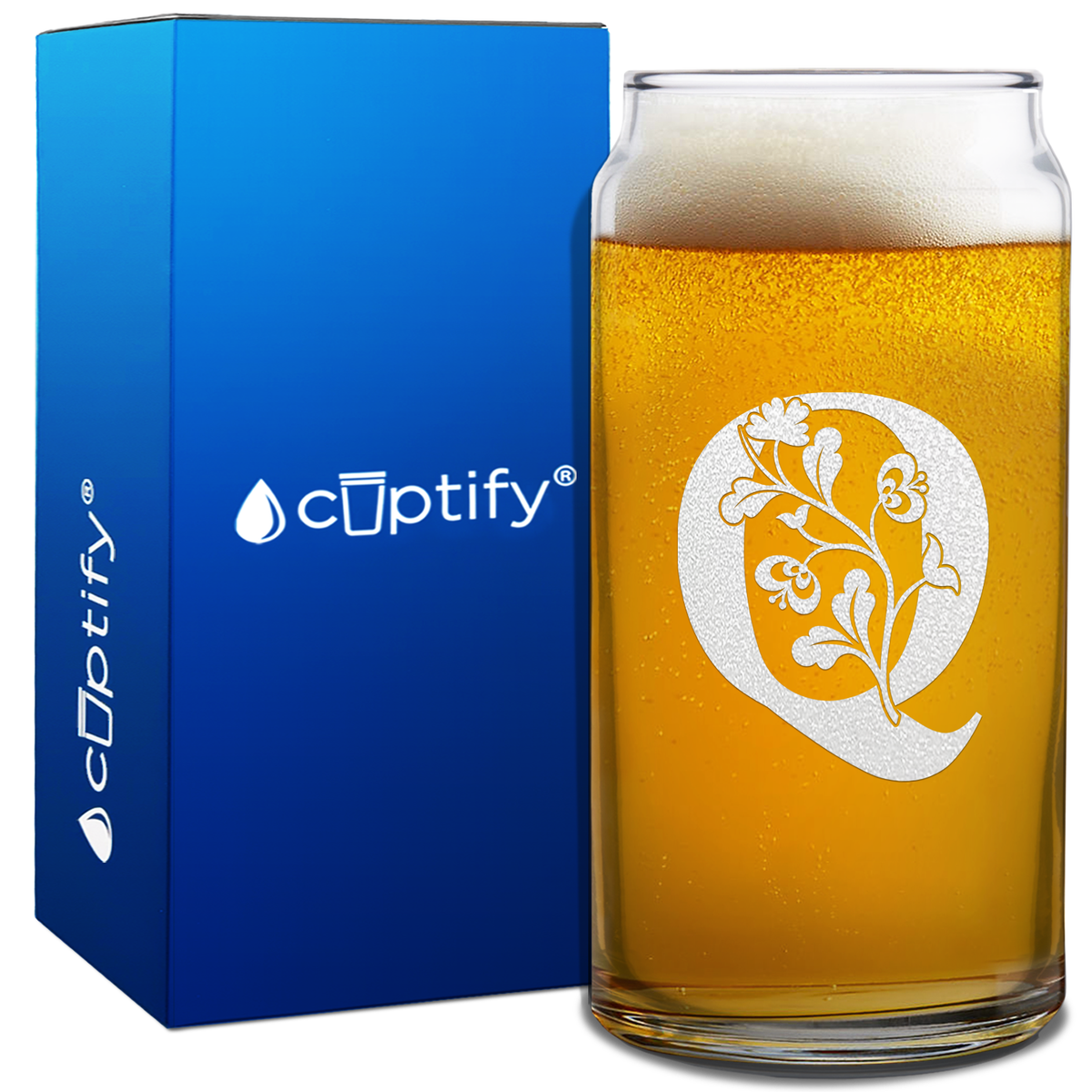 Monogram Blooming Floral Initial Letter on 20oz Beer Can Glass