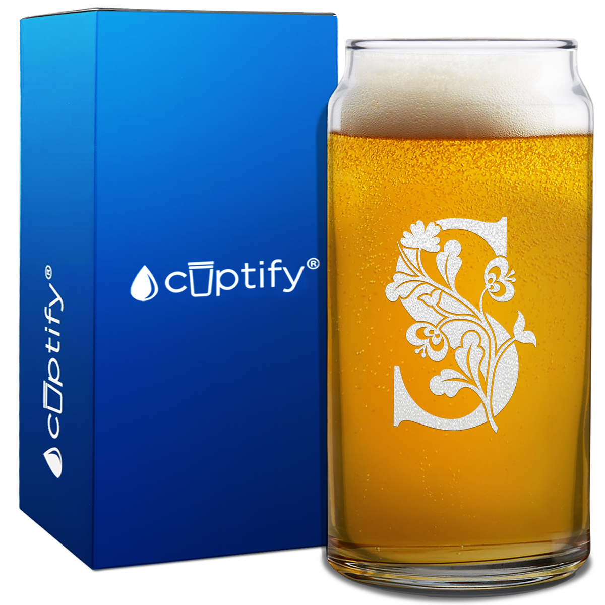 Monogram Blooming Floral Initial Letter on 20oz Beer Can Glass