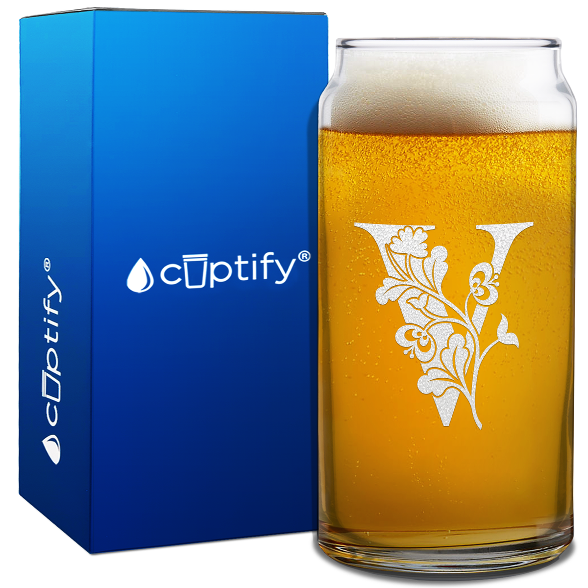 Monogram Blooming Floral Initial Letter on 20oz Beer Can Glass