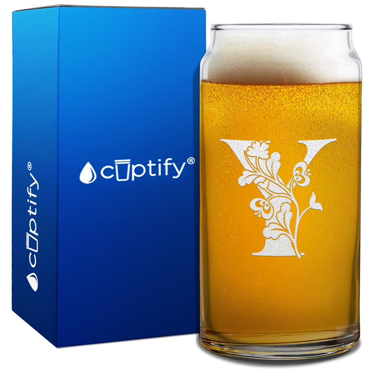 Monogram Blooming Floral Initial Letter on 20oz Beer Can Glass