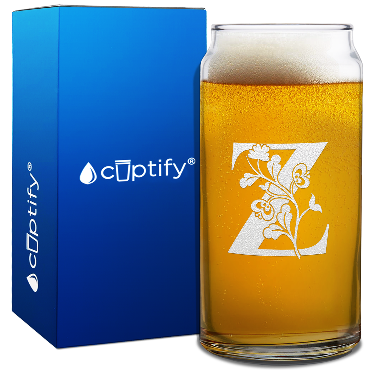 Monogram Blooming Floral Initial Letter on 20oz Beer Can Glass