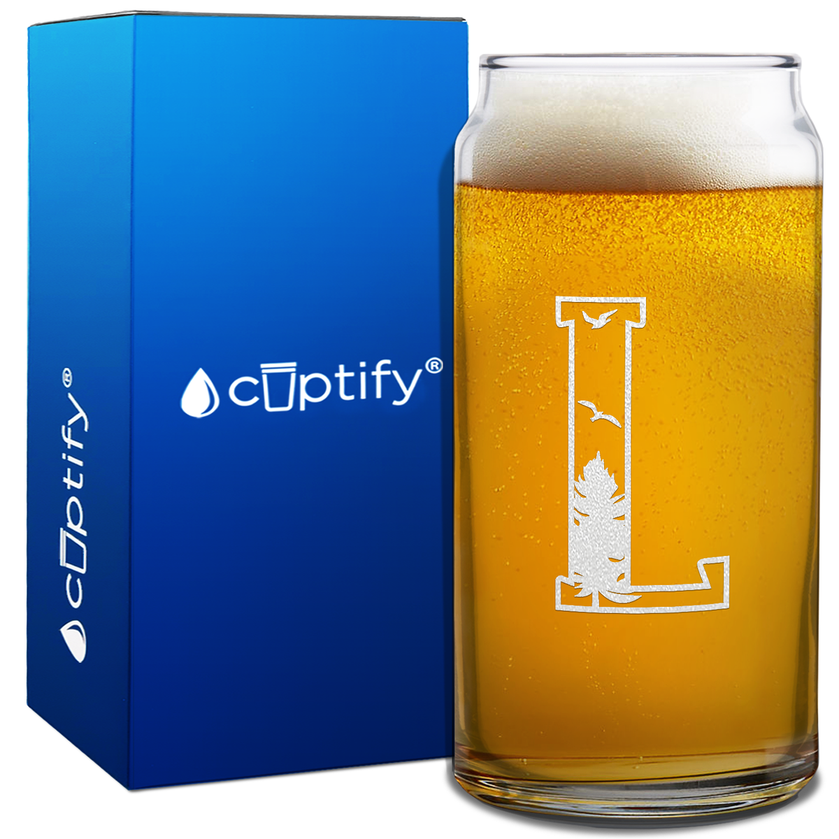 Monogram Forest Initial Letter on 20oz Beer Can Glass