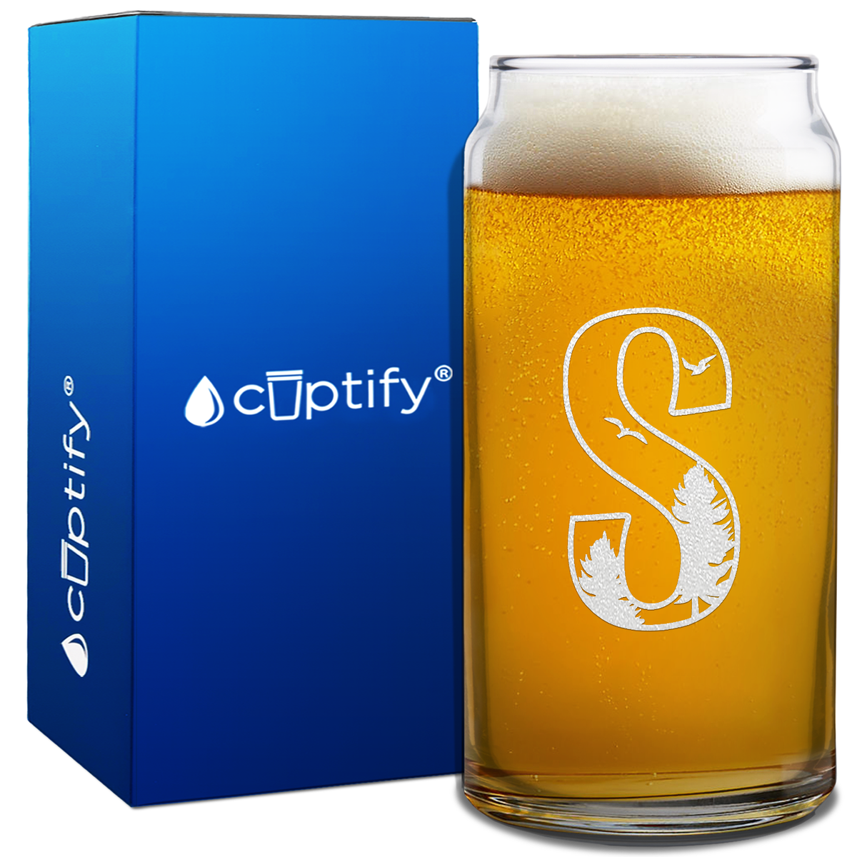 Monogram Forest Initial Letter on 20oz Beer Can Glass