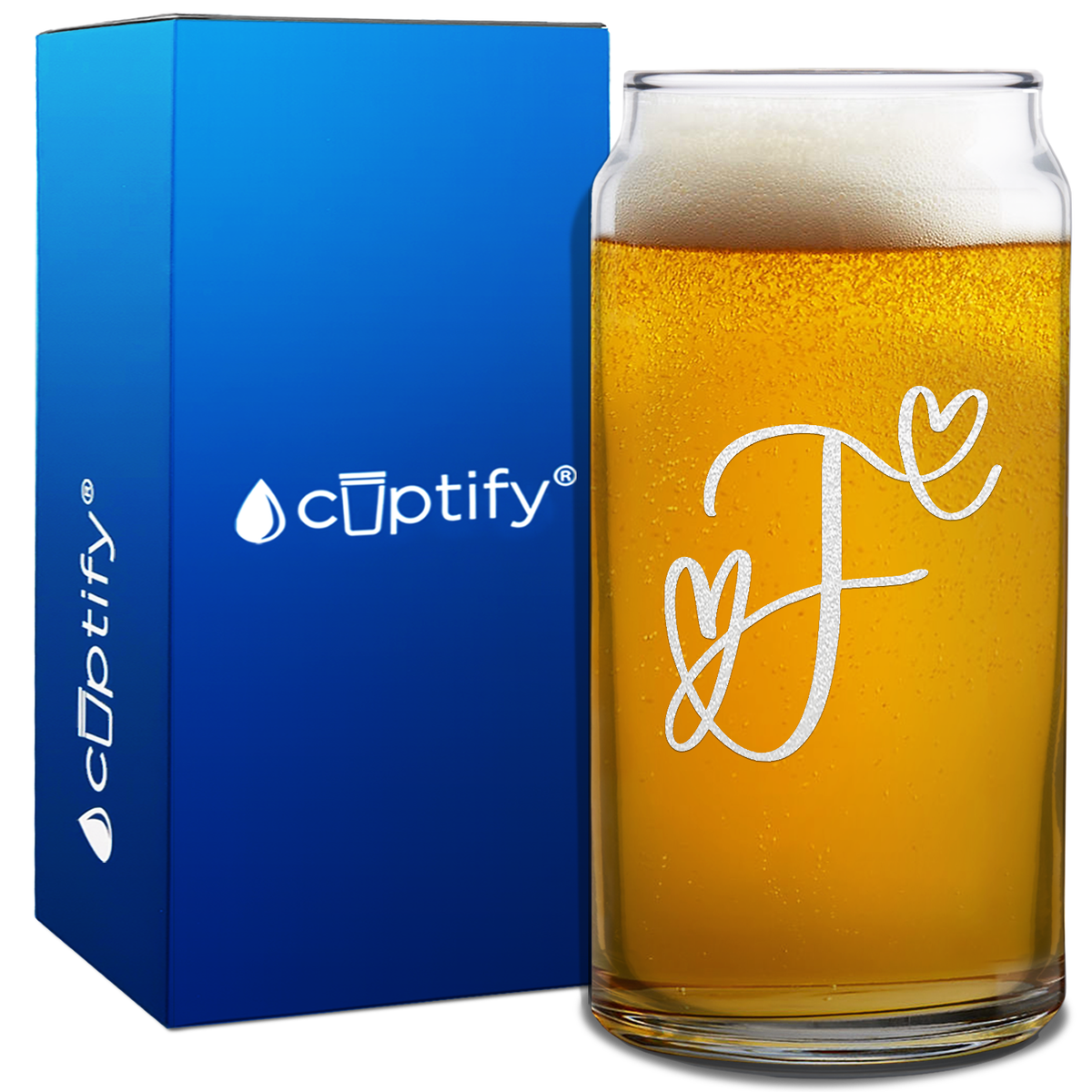 Monogram Hearts Initial Letter on 20oz Beer Can Glass