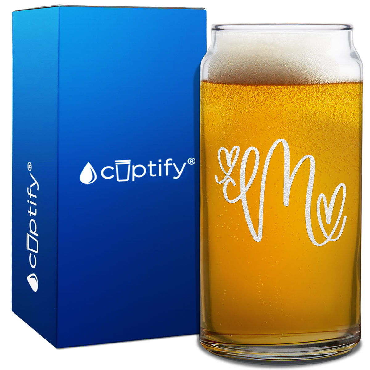 Monogram Hearts Initial Letter on 20oz Beer Can Glass