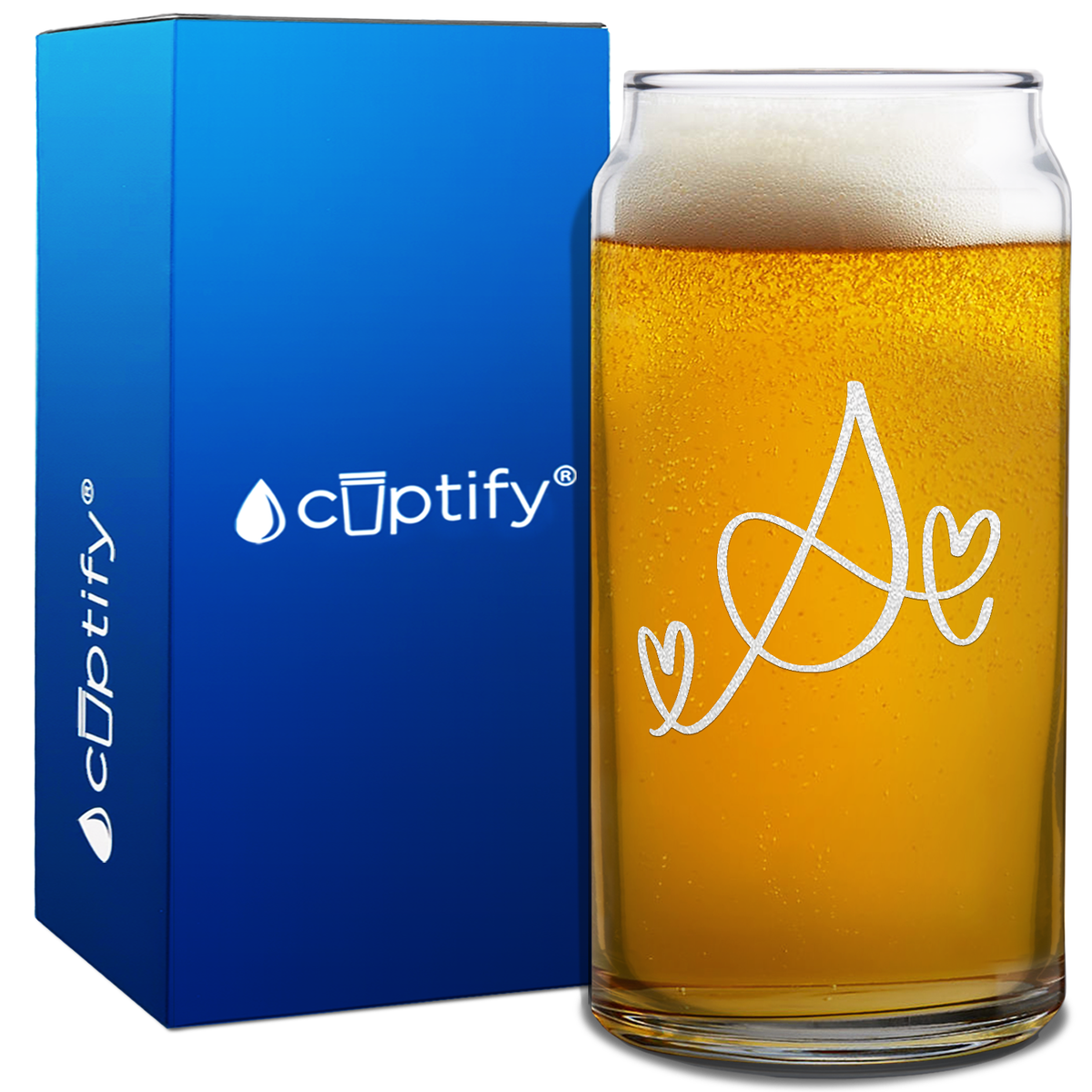 Monogram Hearts Initial Letter on 20oz Beer Can Glass