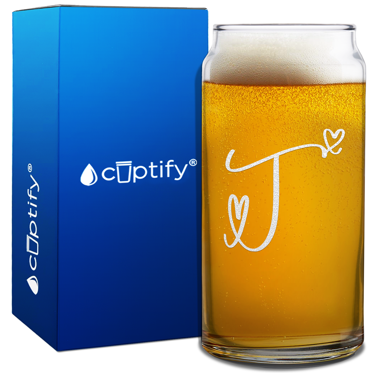 Monogram Hearts Initial Letter on 20oz Beer Can Glass