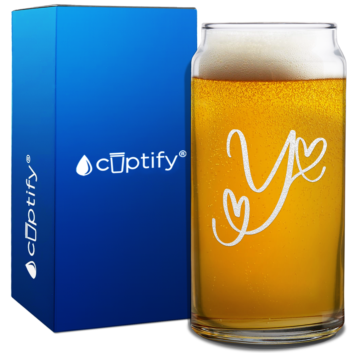 Monogram Hearts Initial Letter on 20oz Beer Can Glass