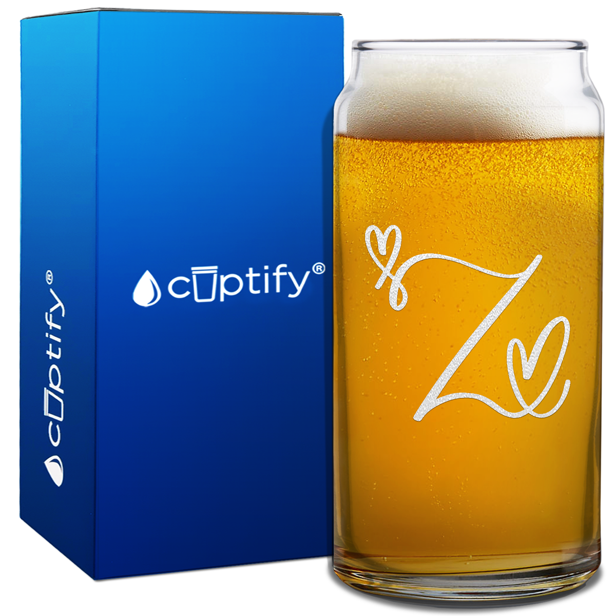 Monogram Hearts Initial Letter on 20oz Beer Can Glass