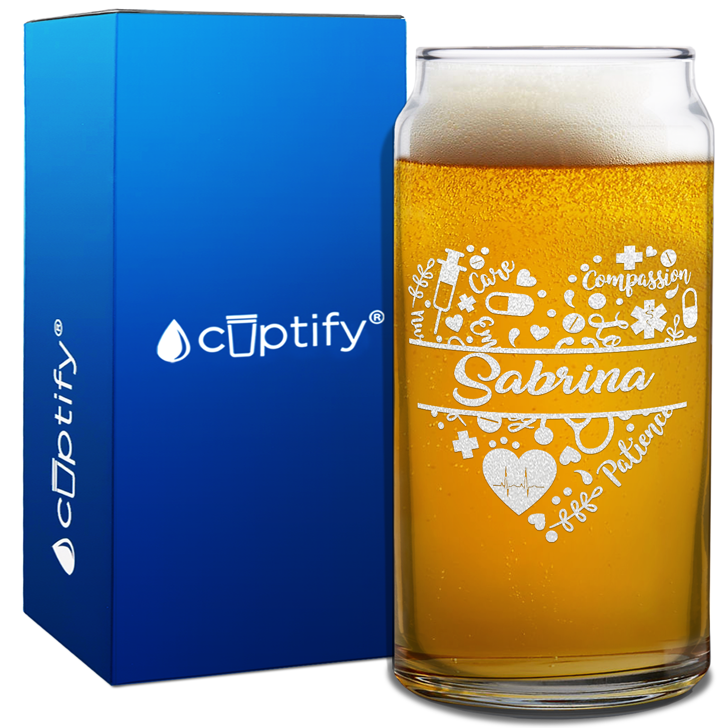 Personalized Nurse Heart Monogram on 20oz Beer Can Glass