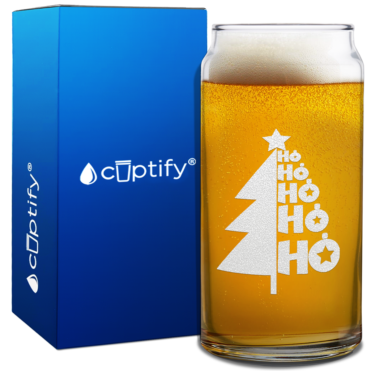 Ho Ho Ho Christmas Tree on 20oz Beer Can Glass