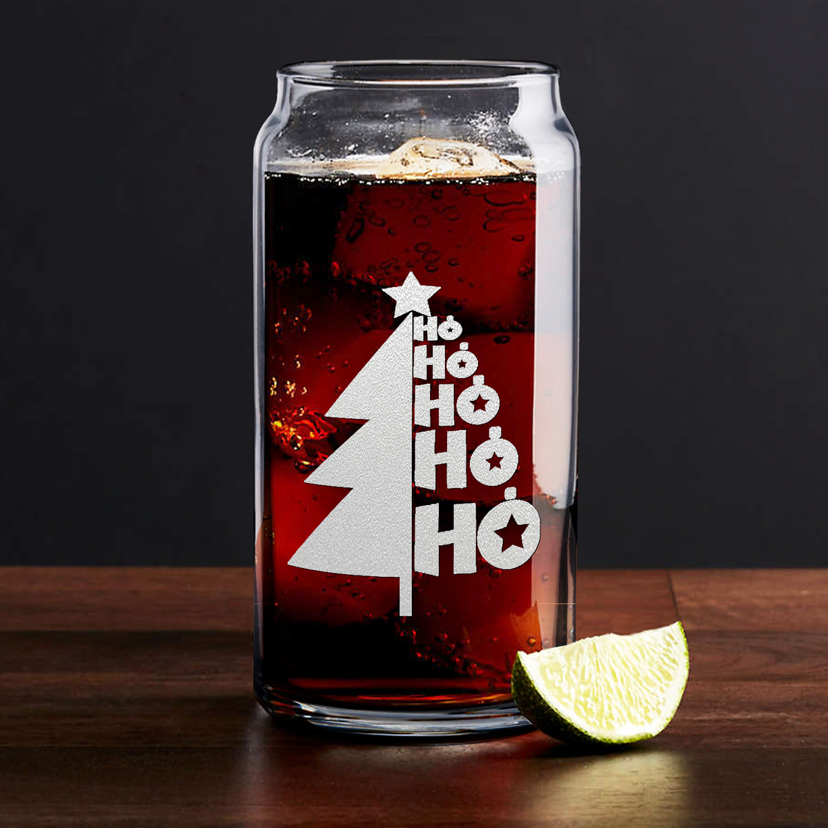 Ho Ho Ho Christmas Tree on 20oz Beer Can Glass