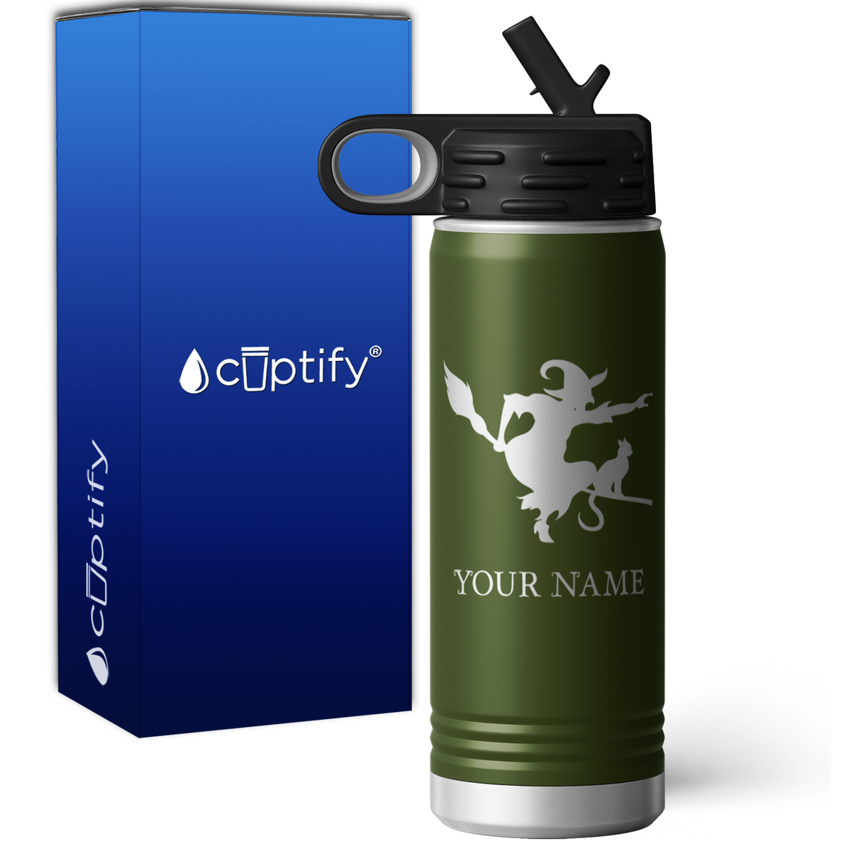 Flying Witch with Cat Personalized 20oz Sport Water Bottle