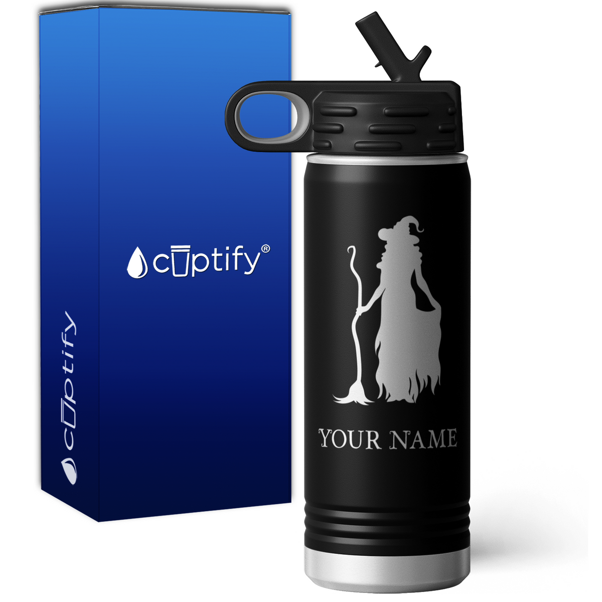 Witch Standing with Broom Personalized 20oz Sport Water Bottle