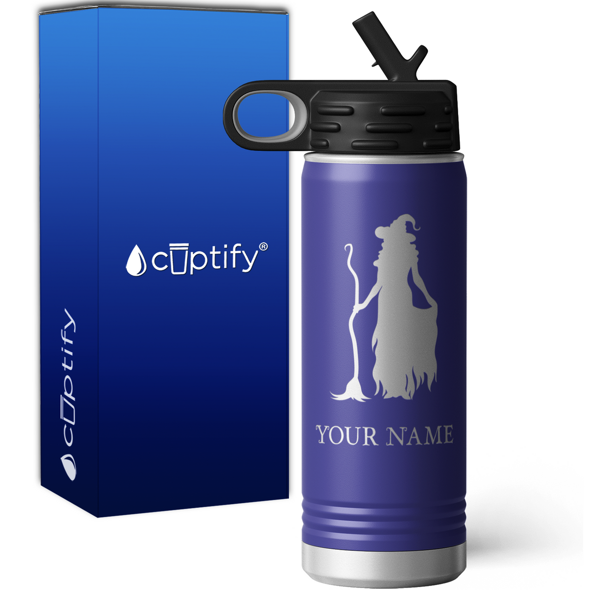 Witch Standing with Broom Personalized 20oz Sport Water Bottle