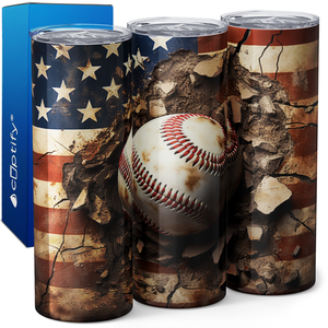 Baseball Breaking through American Flag 20oz Skinny Tumbler