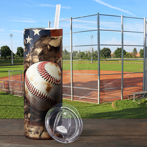 Baseball Breaking through American Flag 20oz Skinny Tumbler