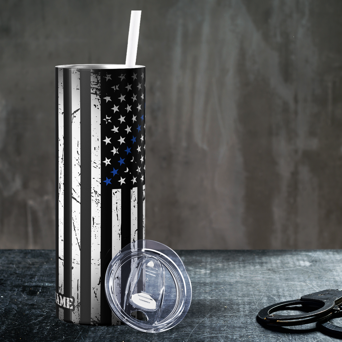 Personalized Police Thin Blue Line Flag 20oz Skinny Tumbler