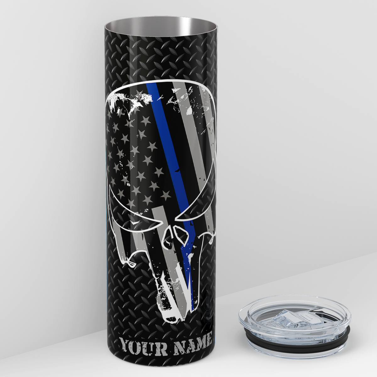 Personalized Thin Blue Line Flag Skull 20oz Skinny Tumbler